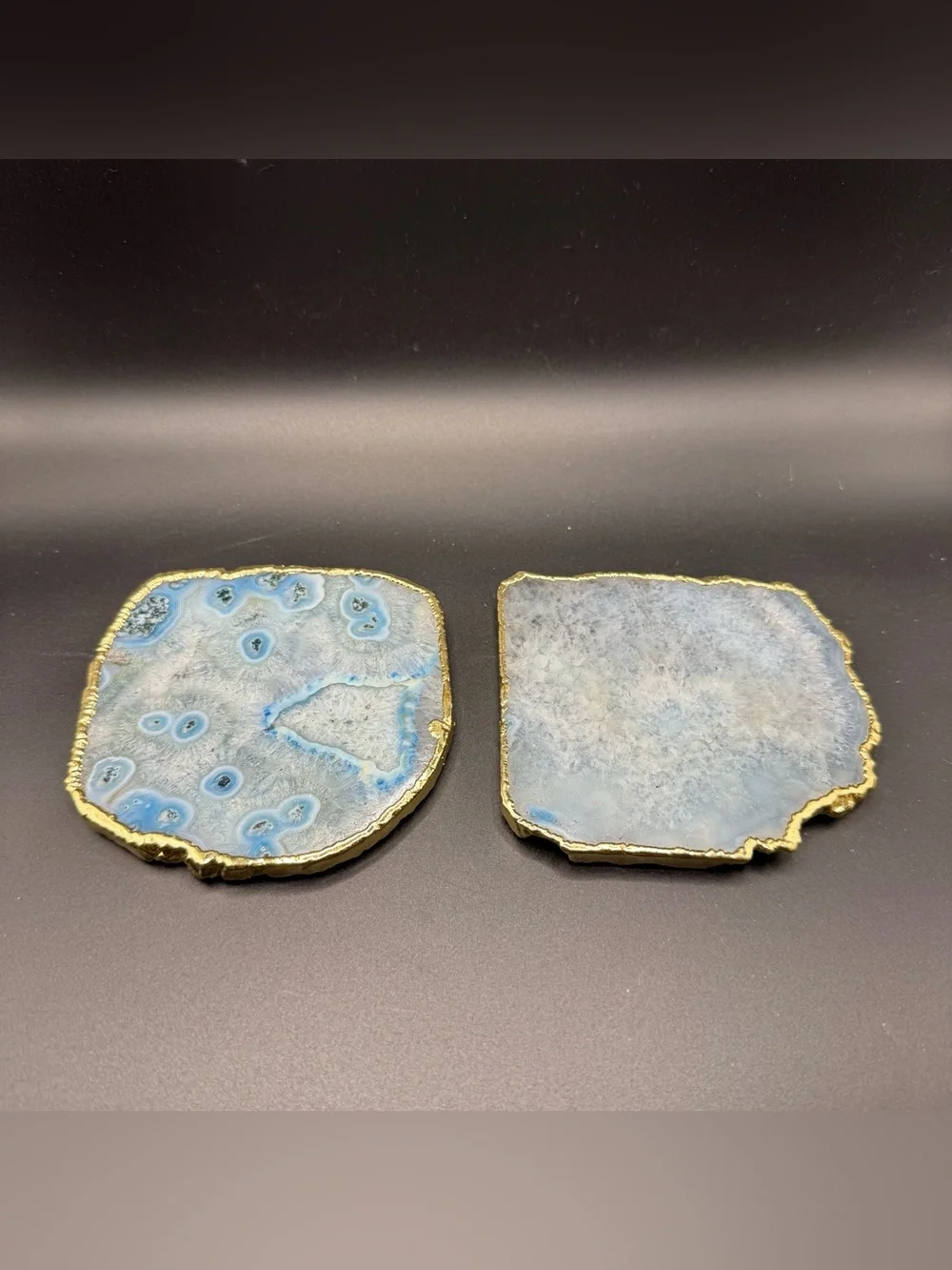 Anthropologie Blue Agate Stone Coasters Set of 2 Gold Trim Natural Geode